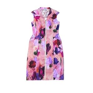 J. Peterman Floral Zip Front Sheath Dress Pink Purple Watercolor Size 10 Pockets
